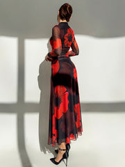 Floral Print Mesh Splicing Dress, Elegant Long Sleeve Bodycon Dress for Spring & Fall, Women's Clothing