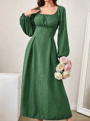 Elegant Textured Midi Dress - Cross Tie Lantern Sleeve Solid Color Romantic Dress for Women