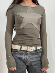Women's Star Patch Tops Slim Round Neck Long Sleeve T-Shirt Casual Streetwear for Fall