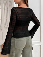 Solid Textured Mesh Slim T-Shirt, Casual Long Sleeve T-Shirt For Spring & Fall, Women's Clothing