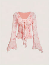 Slim Floral Print Knot Tee Floral Print Knot Front Slim T-Shirt, Elegant Flare Sleeve T-Shirt For Spring & Fall, Women's Clothing