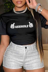Pbong - Black Street Daily Print Patchwork Letter O Neck Tops
