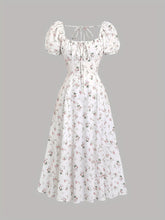 Elegant White Floral Print Midi Dress with Puff Sleeves & Tie-Back Detail - Square Neck, Non-Sheer Polyester for Women - Perfect for Spring, Summer & All Seasons, Formal Wear | Puff Sleeves Dress | Polyester Fabric
