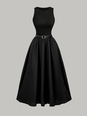 1pc Elegant Sleeveless A-Line Dress for Women, Solid Color Polyester Knit with Belt, Round Neck, Loose Fit - All Seasons Fashion