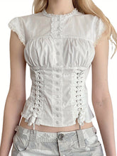 Crew Neck Cap Sleeve Button Down T-Shirt - Cross Tie-up Front Lace Trim Tops for Women