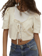1pc Women'S Sexy Cropped Top - Summer Knit Polyester Crew Neck with Lace-up Detail, Short Sleeve Solid Color Streetwear for Casual Daily Wear