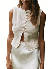 Womens Button Down Vest Solid Boat Neck Sleeveless Tie-Up Back Crop Tank Tops Summer Streetwear
