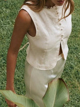 Womens Button Down Vest Solid Boat Neck Sleeveless Tie-Up Back Crop Tank Tops Summer Streetwear