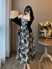 Floral Print Cami Dress Set Young Floral Print Cami Dress Set, Solid Long Sleeve Open Front Cardigan & Square Neck Sleeveless A-line Spaghetti Strap Dress Outfits, Women's Clothing