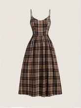 Elegant, Comfortable Vintage-Inspired Plaid Midi Dress with Spaghetti Straps - Polyester, Machine Washable, Non-Sheer