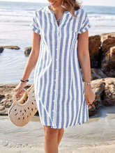 Elegant | Striped Elegant Striped V-Neck Midi Dress | Asymmetrical Hemline, Casual Short Sleeve, Button Front, Lightweight Polyester | Perfect for Summer Beach Outings, Beach Dress