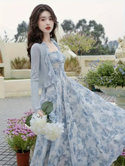 Floral Print Strap Dress Set Elegant Floral Print Strap Dress Set, Long Sleeve Ruffle Trim Open Front Ribbed Cardigan & Square Neck Sleeveless A-line Dress Outfits, Women's Clothing