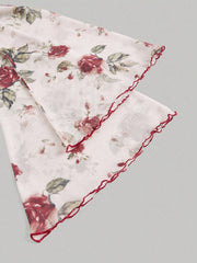 Elegant Women's Floral Print Blouse with Square Neckline and Red Ribbon Tie - Long Sleeve, Asymmetrical Hem, Polyester, Machine Washable