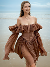 Brown Pleated Off Shoulder Ruffles Patchwork Sundress
