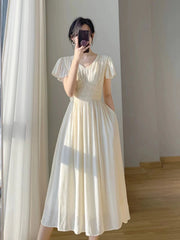 Spring Summer Sweet Solid Dress Women Puff Short Sleeve O Neck High Waist Casual Long Dresses Ladies Holiday Style