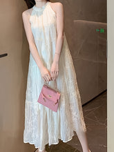 Chic French Vintage Lace Embroidered Halter Dress - Sleeveless, Off-Shoulder with Tie Back Detail, Summer Long Maxi for Women