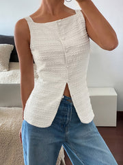 Sleeveless Textured Cardigan Elegant Shirt Women's square collar cardigan buttonless sleeveless textured horizontal striped elegant shirt, waist-tightening top, commuting minimalist office old money loose, simple Women's to