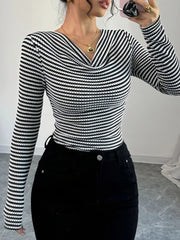 Striped Cowl Neck Long Sleeve T-Shirt