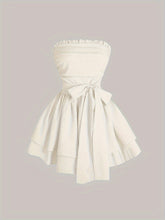 Elegant Strapless Backless A-line Dress - Solid Color Lace Up Tube Dress - Layered Hem Ruffle Trim Women's Clothing