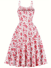 Summer 100% Polyester Vintage Floral Dress for Women - Spaghetti Strap A-Line Pendulum Style with Faux Drawstring Detail, Ideal for Parties and Casual Wear