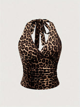 Slim Fit Backless Crop Top Leopard Print Halter Neck Top, Sexy Backless Slim Fit Crop Top For Spring & Summer, Women's Clothing