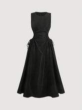 Solid Color Polyester Midi Dress - Elegant Round Neck Cinched Waist for Women - Machine Washable, Long Skirt