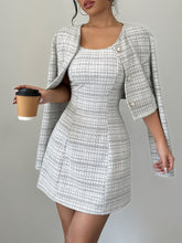 Elegant | Plaid Stretchy Polyester Women's Elegant Plaid Dress and Jacket Set | A-Frame Mini Dress with Button Front, Perfect for Fall and Winter | Stylish and Comfortable Outfit, Chic Mini Dress, Buttoned Jacket, Cute Dres