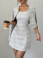 Two Piece A-Line Dress Suit Elegant Plaid Dress Suit for Women - Polyester Two Piece Set with A-Line Mini Dress and Buttoned Jacket, Crew Neck, Woven - All Season Fashion