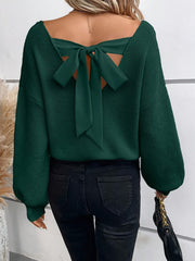 Women'S Elegant V-Neck Knit Sweater with Back Bow Detail, 100% Polyester Solid Color Pullover, All-Season Lightweight Knitwear