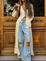 Ruffled Hem Openwork Longline Cardigan