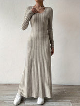 Elegant Solid Color V-Neck Knit Long Sleeve A-Line Dress - Ribbed Texture, Machine Washable, Polyester - Chic Middle Eastern Style for Fall, Elegant Long Sleeve Knit Dress