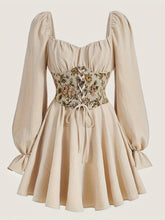 Midi Floral Embroidery Sweetheart Dress Vintage-Inspired Sweetheart Neck Midi Dress with Floral Embroidery & Ruffled Long Sleeves - Chic Tie-Waist Design, Polyester Blend, Machine Washable - Ideal for Fall/Winter