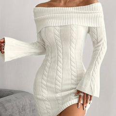 Women'S Off-Shoulder Knit Dress, Casual Solid Color Polyester Bodycon with Spandex, Autumn Winter One-Shoulder Weave Dress