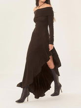 Brown Ruffles Slash Neck Midi Dress