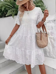 Solid Color Embroidered Lace Dress - Hollow Out Design, Elegant for Casual Wear
