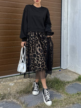 Leopard Print Crew Neck Dress Leopard Print Crew Neck Dress, Elegant Long Sleeve Mesh Stitching A-line Dress for Spring & Fall, Women's Clothing