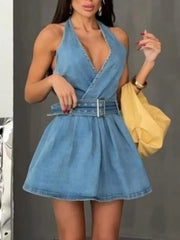 Halter Neck Belted Denim Mini Dress