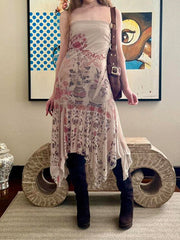 Skin Strapless Flowers Printed Mesh Dress