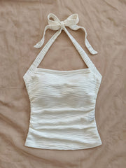 Women's Chic White Knitted Halter Tank Top | Backless & Machine Washable | Textured Bodycon Design with Bow Detail | Perfect for Vacation & Casual Attire