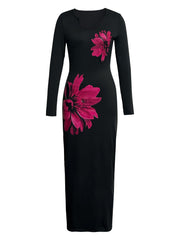 1pc Elegant Floral Print V-Neck Long Sleeve Bodycon Knit Dress for Women, Polyester, Notched Collar, Slim Fit, Ideal for Spring/Summer/Fall - Sexy Style