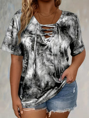 Women'S Plus Size Tie Dye Print Short Sleeve T-Shirt, Casual Loose Fit Tee with Lace-Up Drape Neck, Polyester 95% Spandex 5% Knit Fabric, Medium Stretch, Spring/Summer Pullovers, 175g/m² - Purple