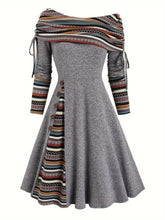 Elegant Off Shoulder Ethnic Striped Splicing Drawstring Dress, Women's Clothing