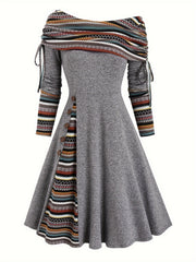 Elegant Off Shoulder Ethnic Striped Splicing Drawstring Dress, Women's Clothing