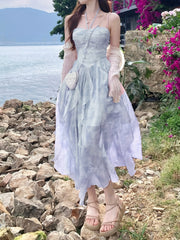 French Style First Love Cherry Blossom Pink Tie-Dye Suspender Dress Vacation Style Fairy Style Gradient Dyeing Women's Summer Floral Irregular Hem Vacation Long Dress