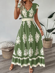100% Polyester V-Neck Midi Dress Spring/Summer Floral Print V-Neck Dress with Flutter Sleeves and Waist Cinch, A-Line Midi, 100% Polyester - Machine Washable, Fly Fly Sleeves, A-Line