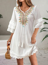 Colorful Pom-Pom A-Line Dress Colorful Pom-Pom Embroidered A-Line Dress - Women's Fashion Notched V-Neck with Ruffle Three Quarter Sleeves, Tassel Trim - Polyester 100%, Regular Fit, Woven Fabric, 120g/m², Spring/Summer/Fa