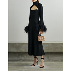 16AR Customized Women Black Ostrich Feather Trimmed Sleeve Cut-out Black Midi Party Dress High Quality Evening Wedding Dress
