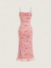 For Spring & Summer, Elegant Sleeveless Floral Print Spaghetti Suspender Ruched Bodycon Cami Dress, Women's Clothing