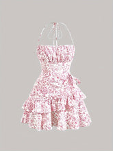 Floral Print Halter Dress Floral Print Layered Ruffle Hem Halter Dress, Elegant Sleeveless Dress For Spring & Summer, Women's Clothing