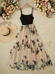 Elegant Women's Lace & Tulle Embroidered Cami Dress - Sleeveless, Backless Design with Floral Patterns, Perfect for Spring & Summer Events